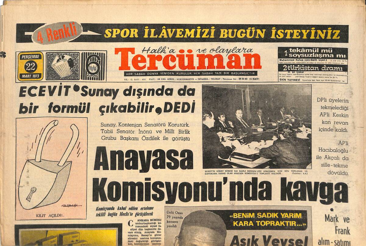 Tercüman Gazetesi 22 Mart 1973 - Ünlü Ozan Aşık Veysel Öldü - Rusya'da 1 Miyon Mahkum Ölümü Bekliyor GZ144896 - 1