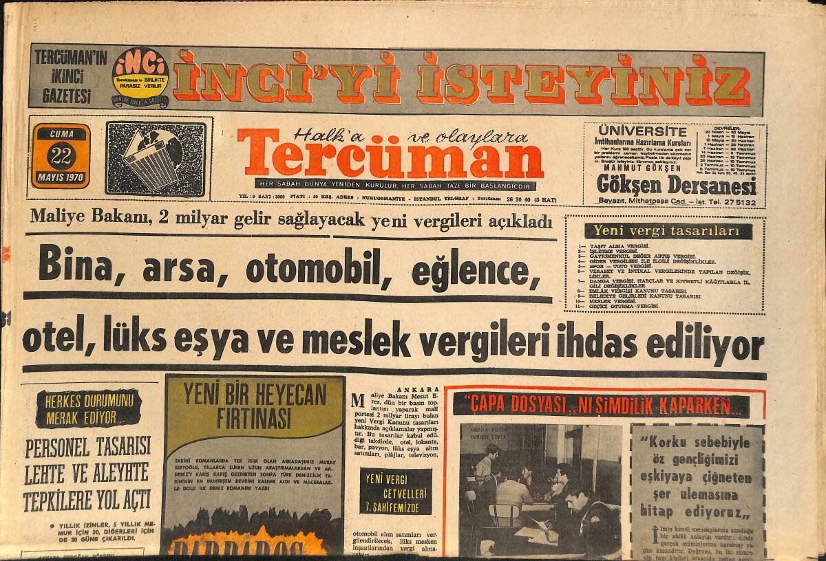 Tercüman Gazetesi 22 Mayıs 1970 - Bina,Arsa,Otomobil,Eğlence,Otel,Lüks Eşya Ve Meslek Vergileri İhdas Ediliyor GZ145433 - 1