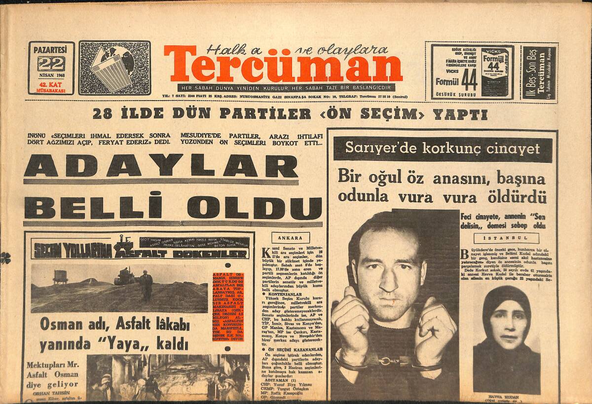 Tercüman Gazetesi 22 Nisan 1968 - Fırat Nehri 11 Köyü Kapladı , 3 Kişi Öldü - 28 İlde Dün Partiler Ön Seçim Yaptı GZ145462 - 1