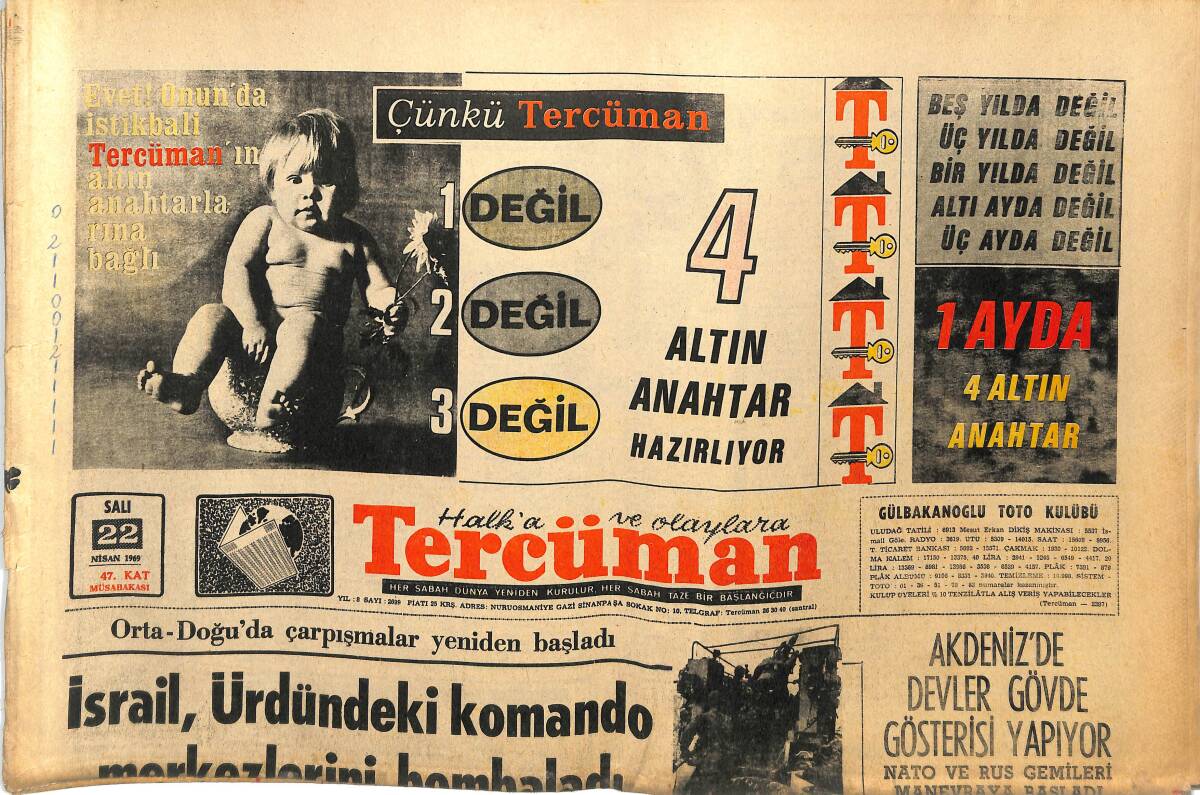 Tercüman Gazetesi 22 Nisan 1969 - Akdeniz'de Devler Gövde Gösterisi Yapıyor - Ömer Şerif, Oğlunun Hatırı İçin Kovboy Filmi Çevirdi GZ144946 - 1