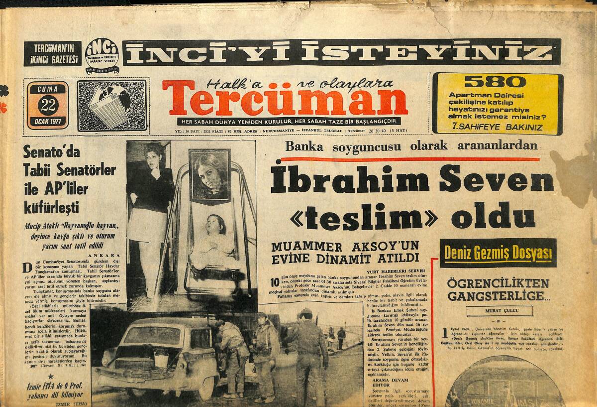 Tercüman Gazetesi 22 Ocak 1971 - İbrahim Seven Teslim Oldu! - Kennedy Oteli Katili Jandarmanın Elinden Kaçtı! GZ146000 - 1