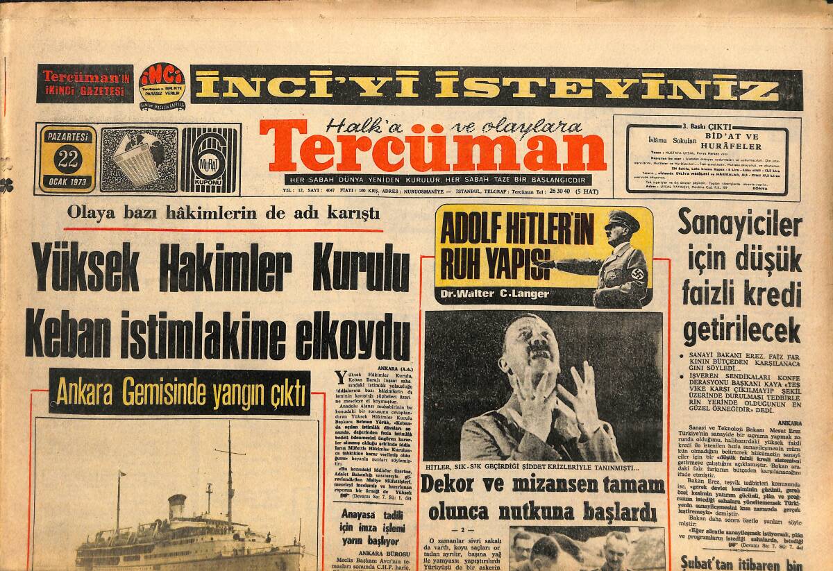 Tercüman Gazetesi 22 Ocak 1973 - Yüksek Hakimler Kurulu Keban İstimlakine El Koydu - Lig'e Formunun Zirvesinde Bir Fenerbahçe Geliyor! GZ146302 - 1