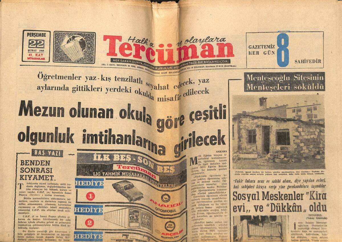 Tercüman Gazetesi 22 Şubat 1968 - Ticari Otolar İle Özel Otolar Aynı Vergiyi Ödemiyecek - Milli Takım Açıklandı GZ148759 - 1
