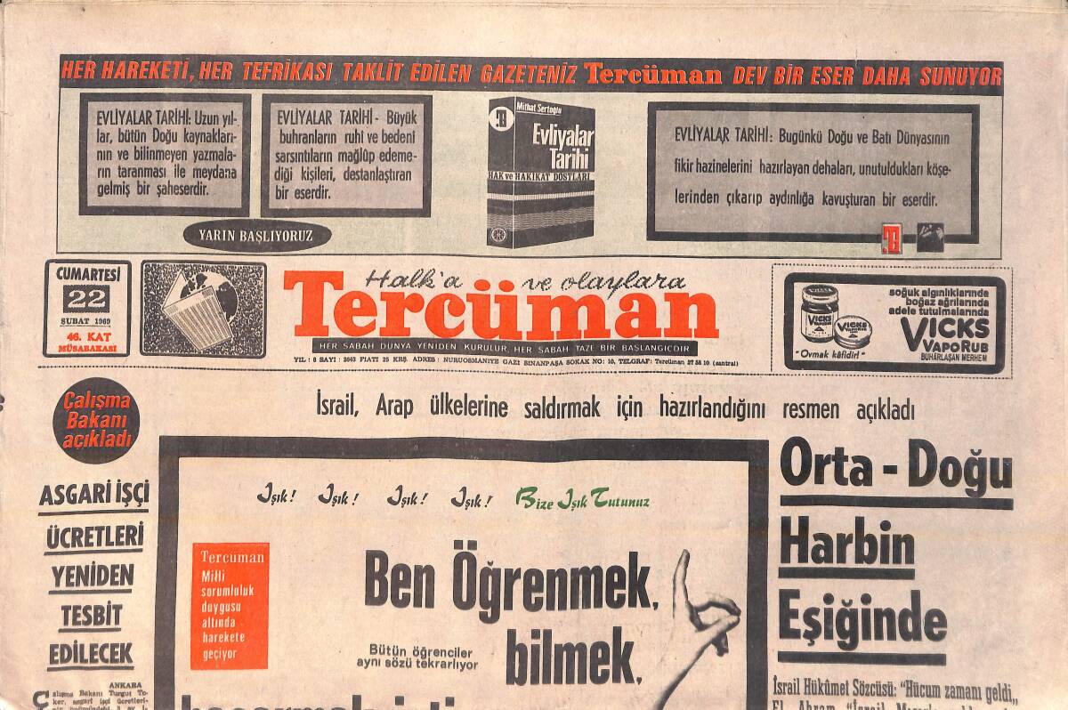Tercüman Gazetesi 22 Şubat 1969 - Midyat'ta 3 Köy Halkı Çarpıştı 