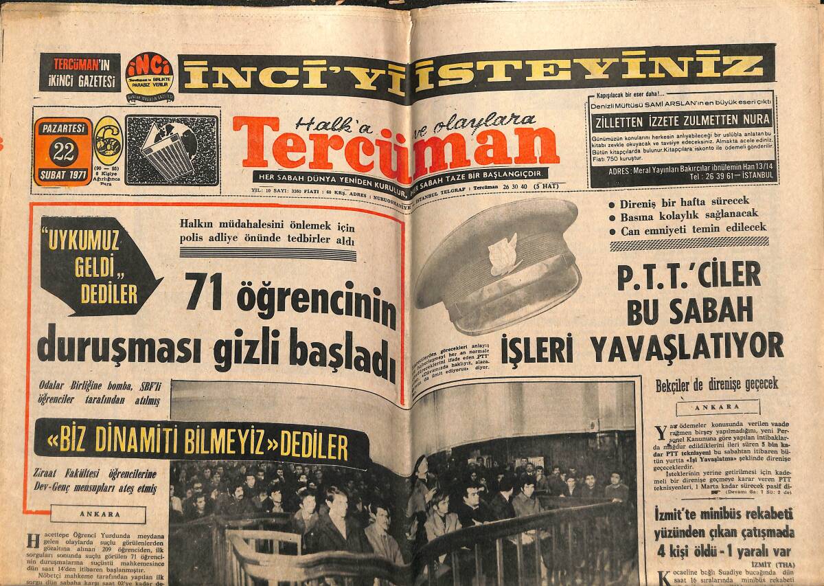 Tercüman Gazetesi 22 Şubat 1971 - Galatasaray Kimseyi Takmıyor - P.T.T.'ciler Bu Sabah İşleri Yavaşlatıyor GZ143378 - 1