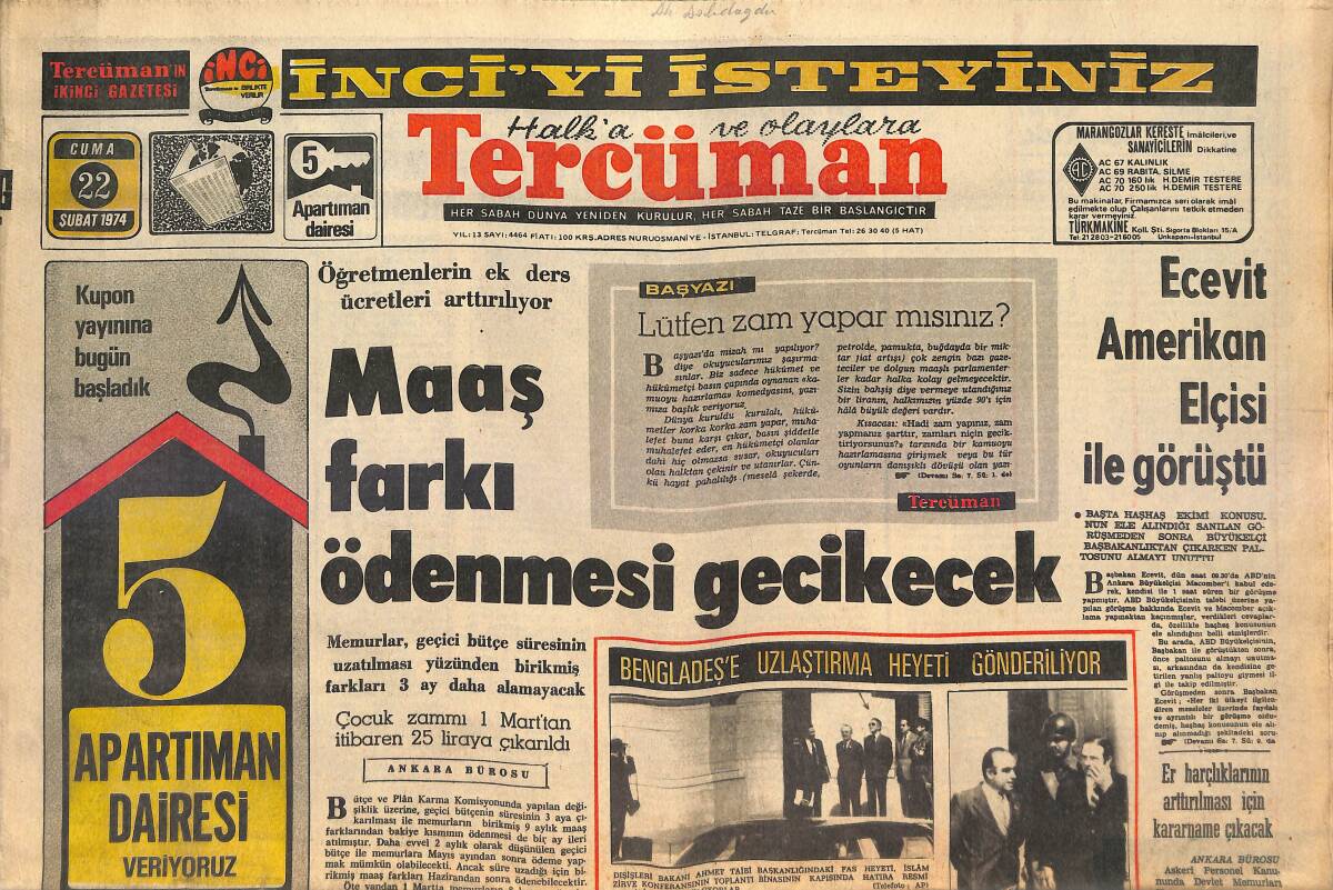 Tercüman Gazetesi 22 Şubat 1974 - Bülent Ecevit Amerikan Elçisi İle Görüştü - G.Saray, Adana Ve Şekerspor'u Yenip İstanbul'a Dönecek! GZ146125 - 1