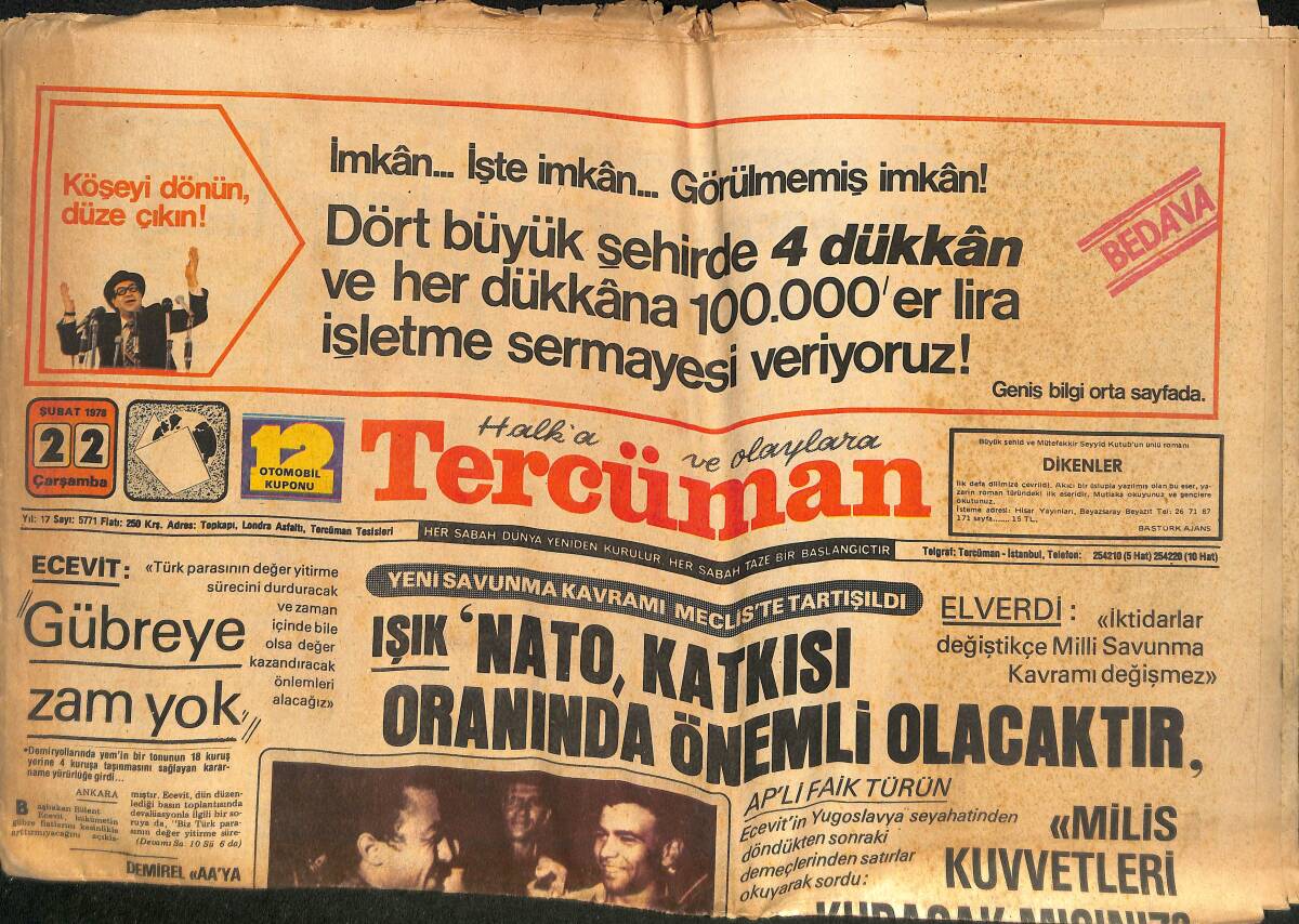 Tercüman Gazetesi 22 Şubat 1978 - Suruç Emniyet Amiri Öldürülmek İstendi - Erbakan Davasının İlk Duruşması Yapıldı GZ133515 - 1