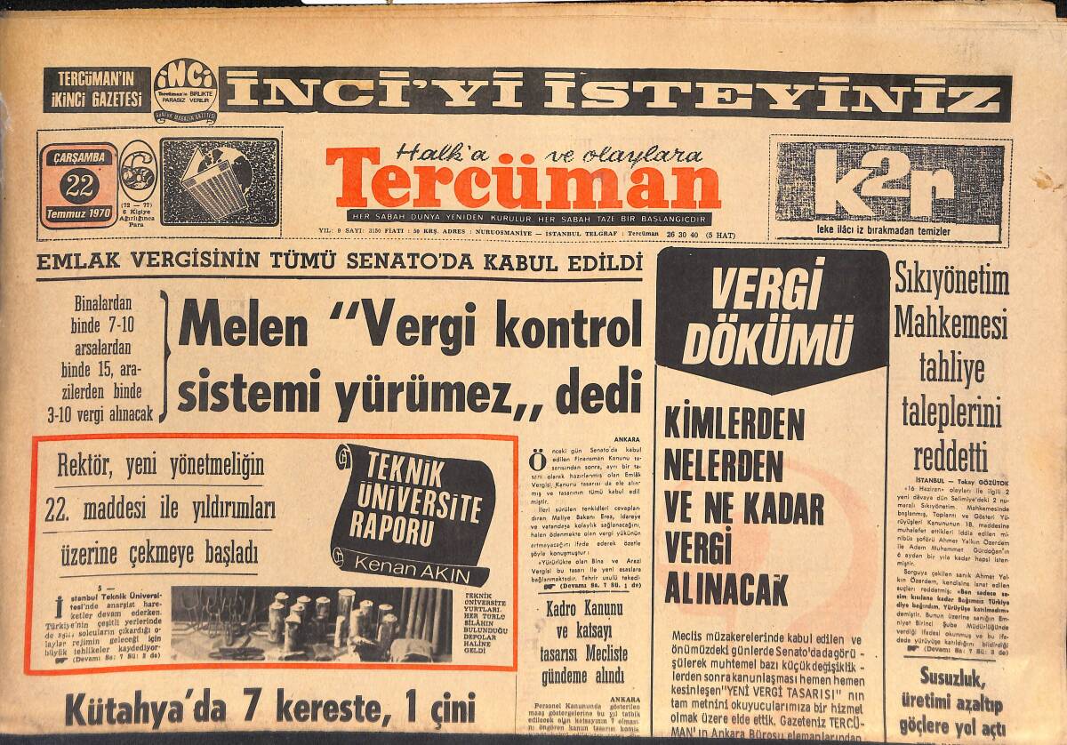 Tercüman Gazetesi 22 Temmuz 1970 - Refik Sönmezsoy SSK Raporu İle İnceleme Yazısı Birinciliğini Kazandı! - Fransa Da UEFA'YA Ateş Püskürüyor! GZ146096 - 1