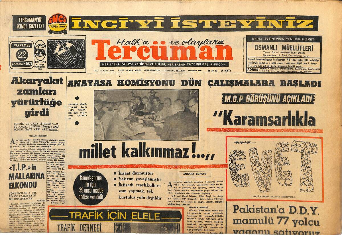 Tercüman Gazetesi 22 Temmuz 1971 - Devlet Demiryollarında Anlaşma Ümidi Belirdi - Akaryakıt Zamları Yürürlüğe Girdi GZ145367 - 1