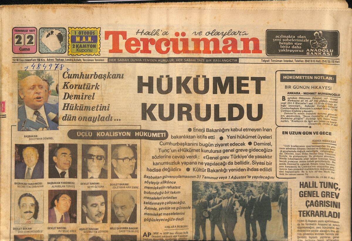 Tercüman Gazetesi 22 Temmuz 1977 - Hükümet Kuruldu - Basketbol Takımımızın İlk Rakibi Yugoslavya GZ134159 - 1