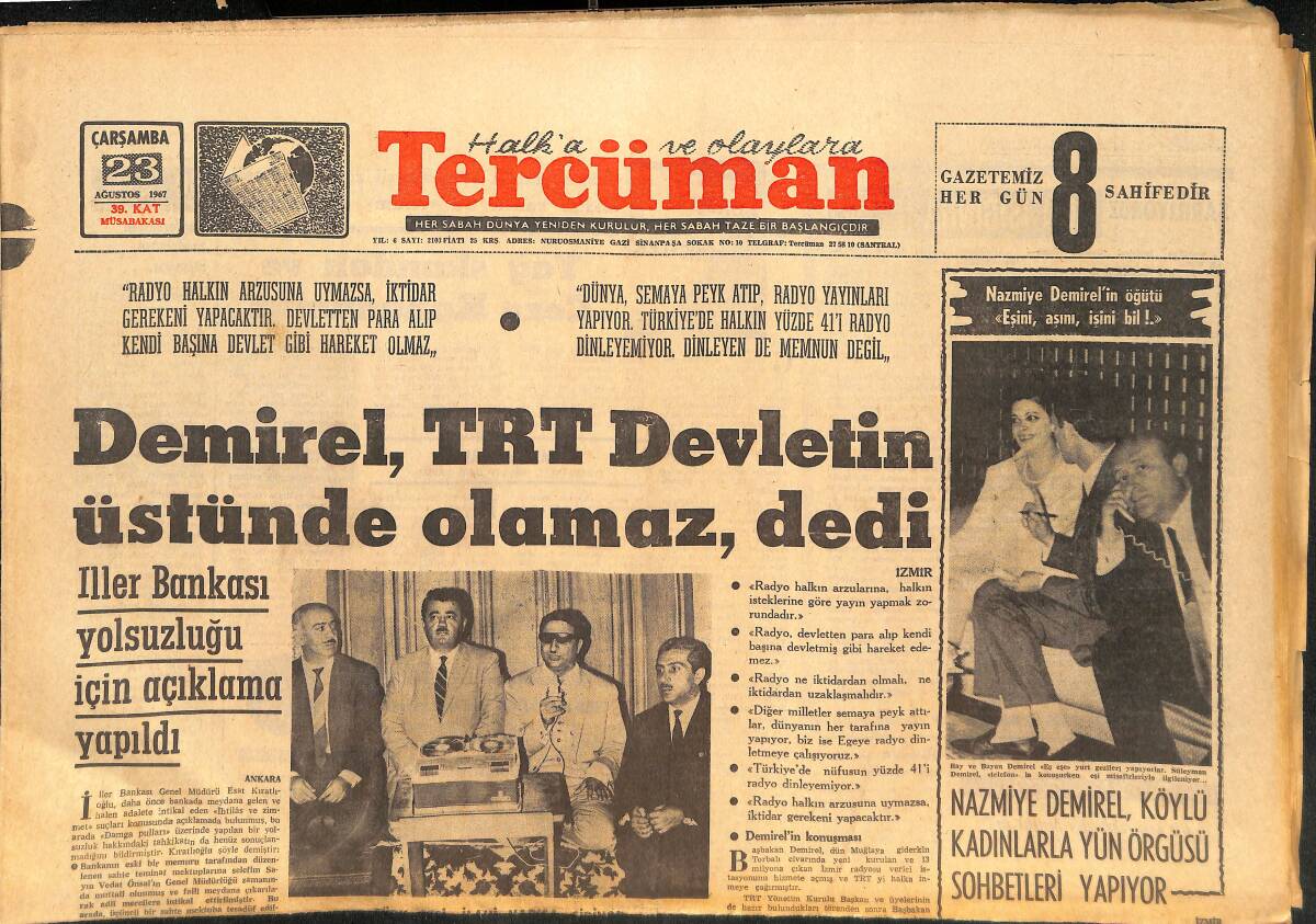 Tercüman Gazetesi 23 Ağustos 1967 - Demirel, TRT Devletin Üstünde Olamaz, Dedi - Beşiktaş Bolu'da Devamlı Kamp Yapacak! GZ145694 - 1