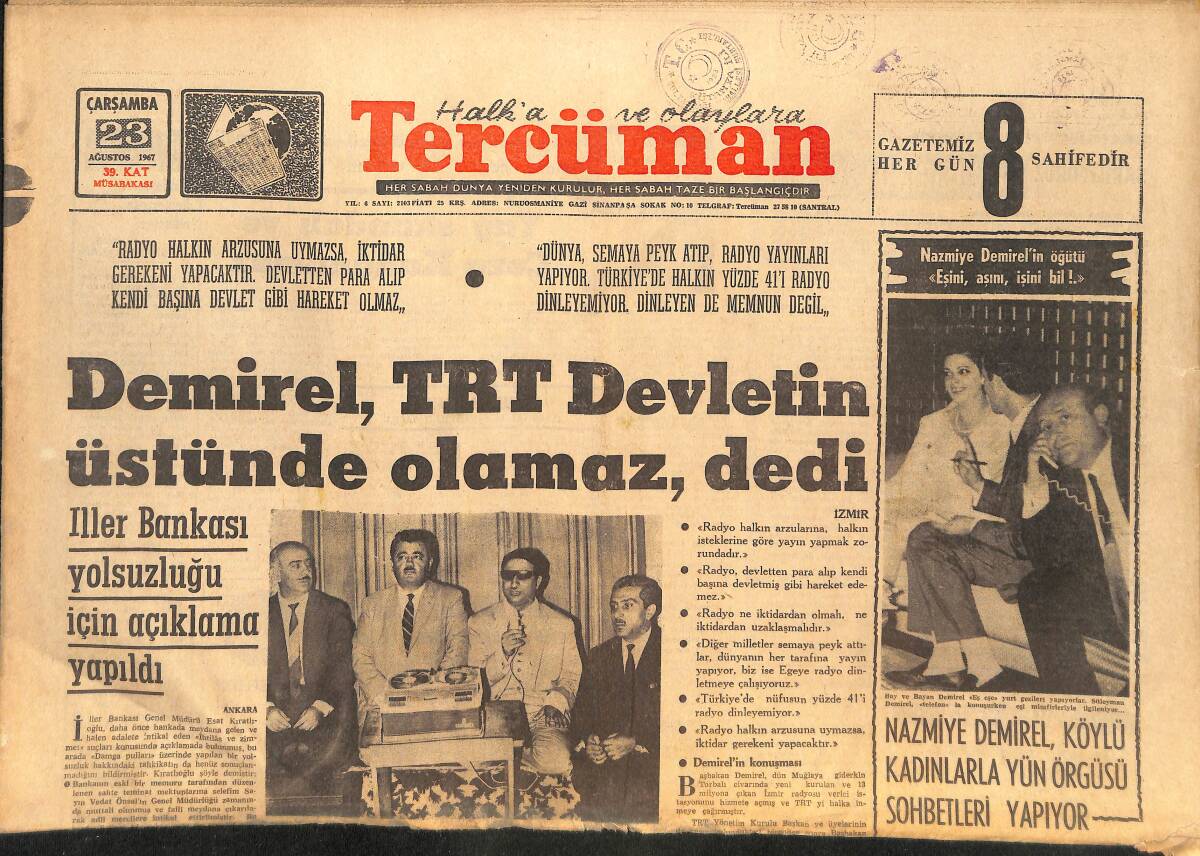 Tercüman Gazetesi 23 Ağustos 1967 - Nazmiye Demirel, Köylü Kadınlarla Yün Örgüsü Sohbetleri Yapıyor! - Tevkif Kış, Cihat Uskan'ı İtham Etti! GZ145695 - 1