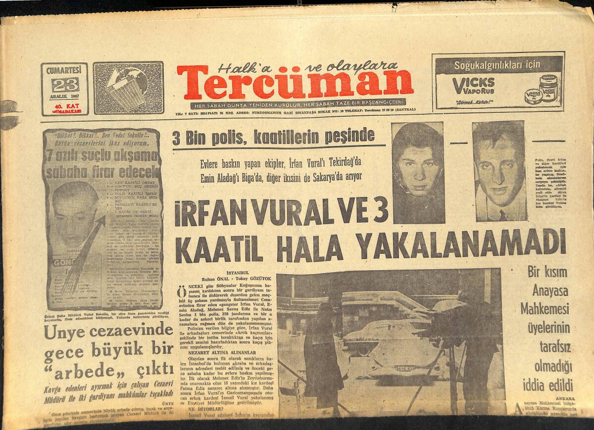 Tercüman Gazetesi 23 Aralık 1967 - İrfan Vural Ve 3 Kaatil Hala Yakalanamadı - Cunta'ya Karşı Gelen Kadın Londra'ya Kaçtı GZ145422 - 1