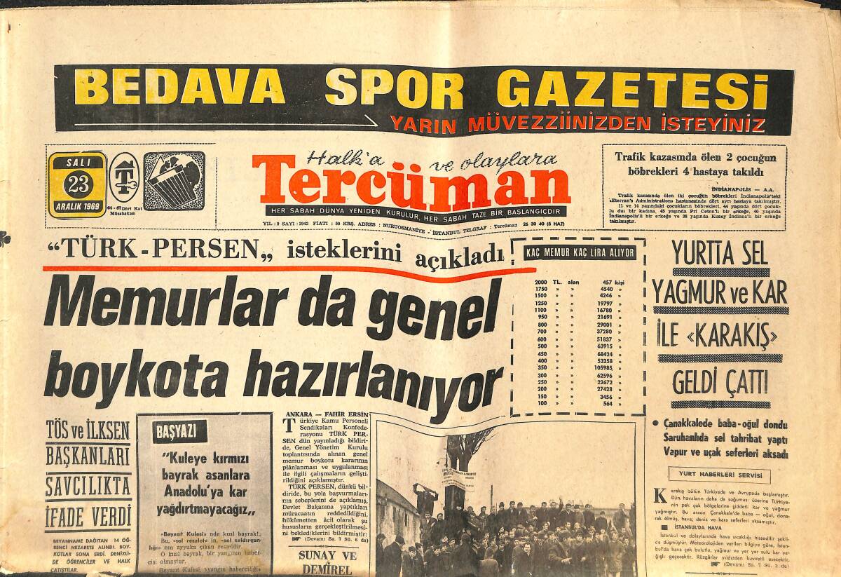 Tercüman Gazetesi 23 Aralık 1969 - Yeni TİP Başkanı 9 Fabrikadan Kovuldum Dedi - Memurlar da Genel Boykota Hazırlanıyor GZ144229 - 1