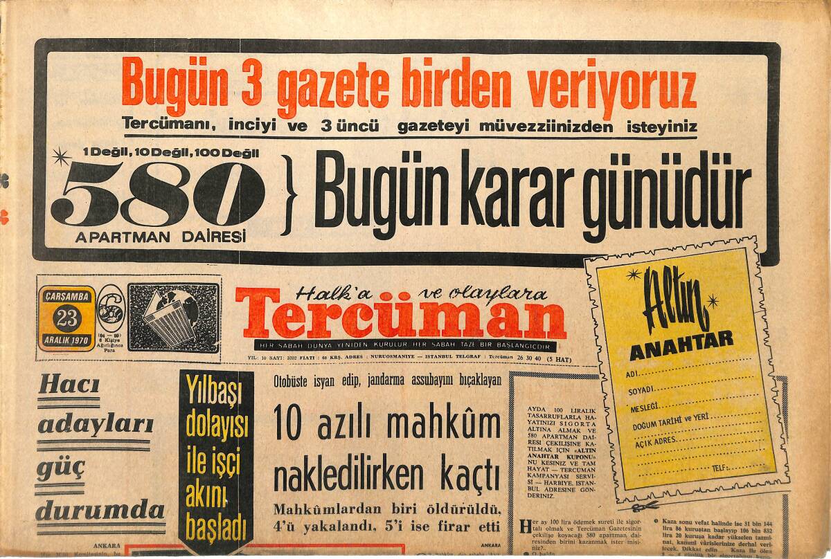 Tercüman Gazetesi 23 Aralık 1970 - Yarımca Seramikte 1200 İşçi Dün Greve Başladı - Hacı Adayları Güç Durumda GZ145374 - 1