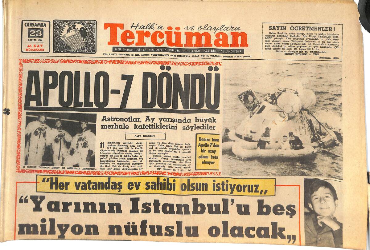 Tercüman Gazetesi 23 Ekim 1968 - Apollo-7 Döndü - C. Senatosu TRT'Yİ İbra Etmedi... - Sıra Greko-Romen'de GZ145167 - 1