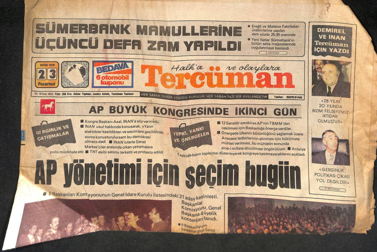 Tercüman Gazetesi 23 Ekim 1978 - Prof. Karafakioğlu Törenle Toprağa Verildi - AP Yönetimi İçin Seçim Bugün GZ134123 - 1