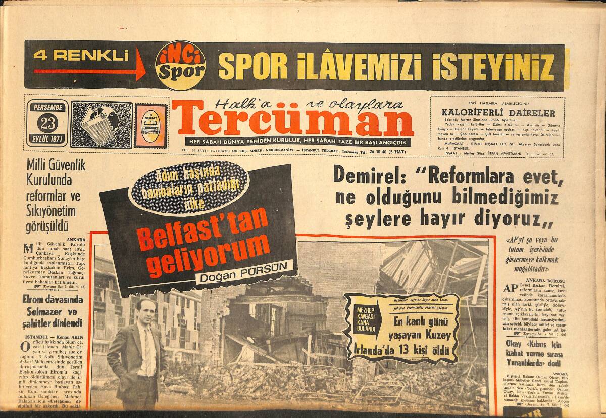 Tercüman Gazetesi 23 Eylül 1971 - İrlanda'da Cehennem Ateşi Yanıyor - Elrom Davasında Solmazer Ve Şahitler Dinlendi GZ145515 - 1