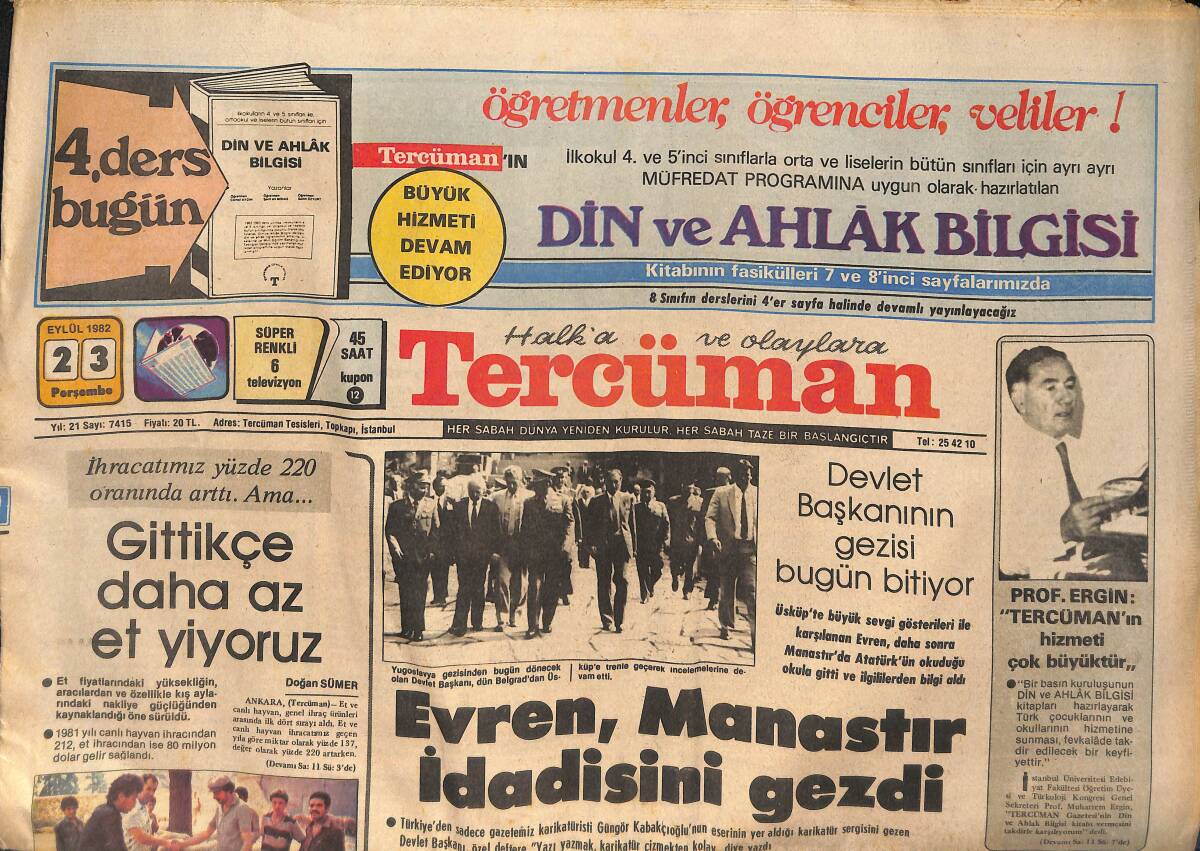 Tercüman Gazetesi 23 Eylül 1982 - Başbakan Ulusu Tunus'a Gidiyor - Milli Takımımız Macaristan'ı Durduramadı GZ132677 - 1