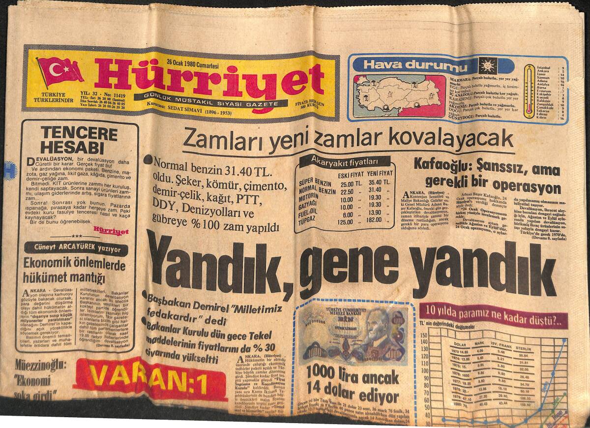 Hürriyet Gazetesi 26 Ocak 1980 - Şeker, Kömür, Çimento, Demir Ve Akaryakıta Dev Zam - Zamların Ardından Demirel; Milletimiz Fedakardır Dedi GZ132326 - 1