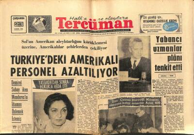 Tercüman Gazetesi 23 Kasım 1966 - Türkiyedeki Amerikalı Personel Azalıyor - Spor Yazarları Kupası Bu Gece Başlıyor. GZ123604 - 1