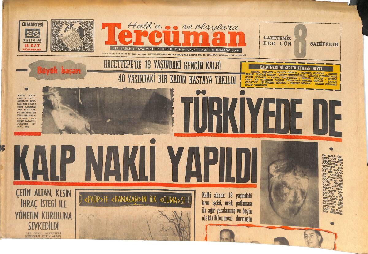 Tercüman Gazetesi 23 Kasım 1968 - Türkiyede'de Kalp Nakli Yapıldı! - Basri Konuştu: Ajax'ı Eleyebiliriz! GZ145169 - 1