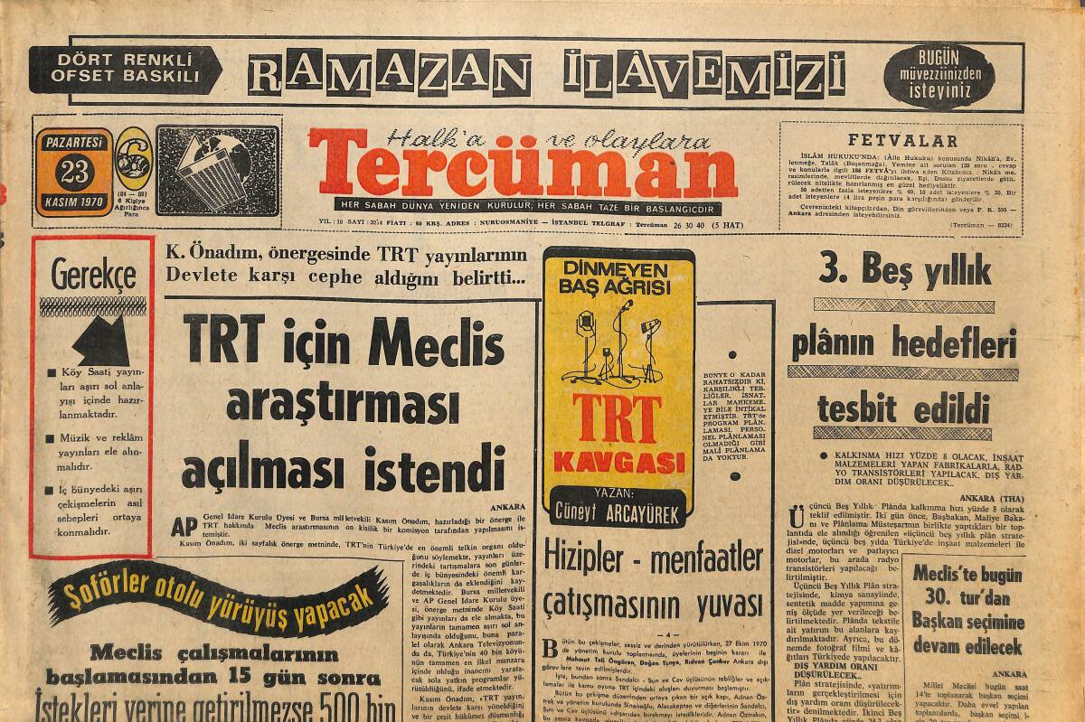Tercüman Gazetesi 23 Kasım 1970 - Nasır'ın Hafızı Bütün Dinleyicileri Ağlatıyor - TRT İçin Meclis Araştırması Açılması İstendi GZ144942 - 1