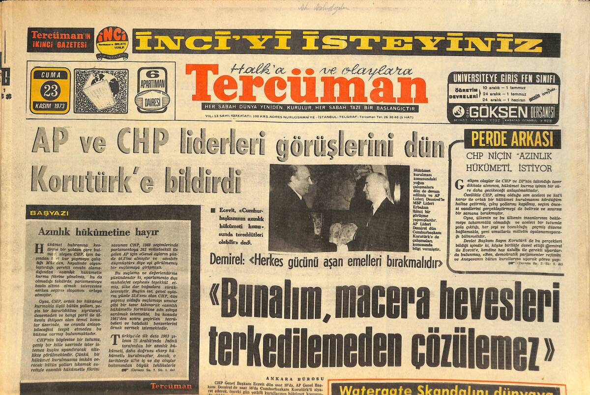 Tercüman Gazetesi 23 Kasım 1973 - Watergate Skandalını Dünyaya Duyuran Gazeteci Türkiye'de - Herkesin İş Bulduğu Ülke Avustralya GZ145562 - 1