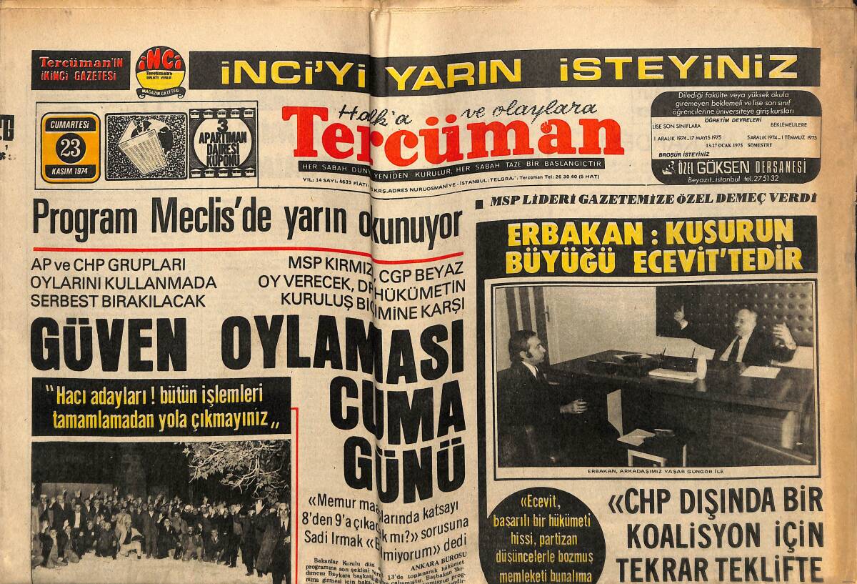 Tercüman Gazetesi 23 Kasım 1974 - Necmettin Erbakan: Kusurun Büyüğü Bülent Ecevit'tedir! - Muhammed Ali Dünya'ya Meydan Okudu! GZ146306 - 1