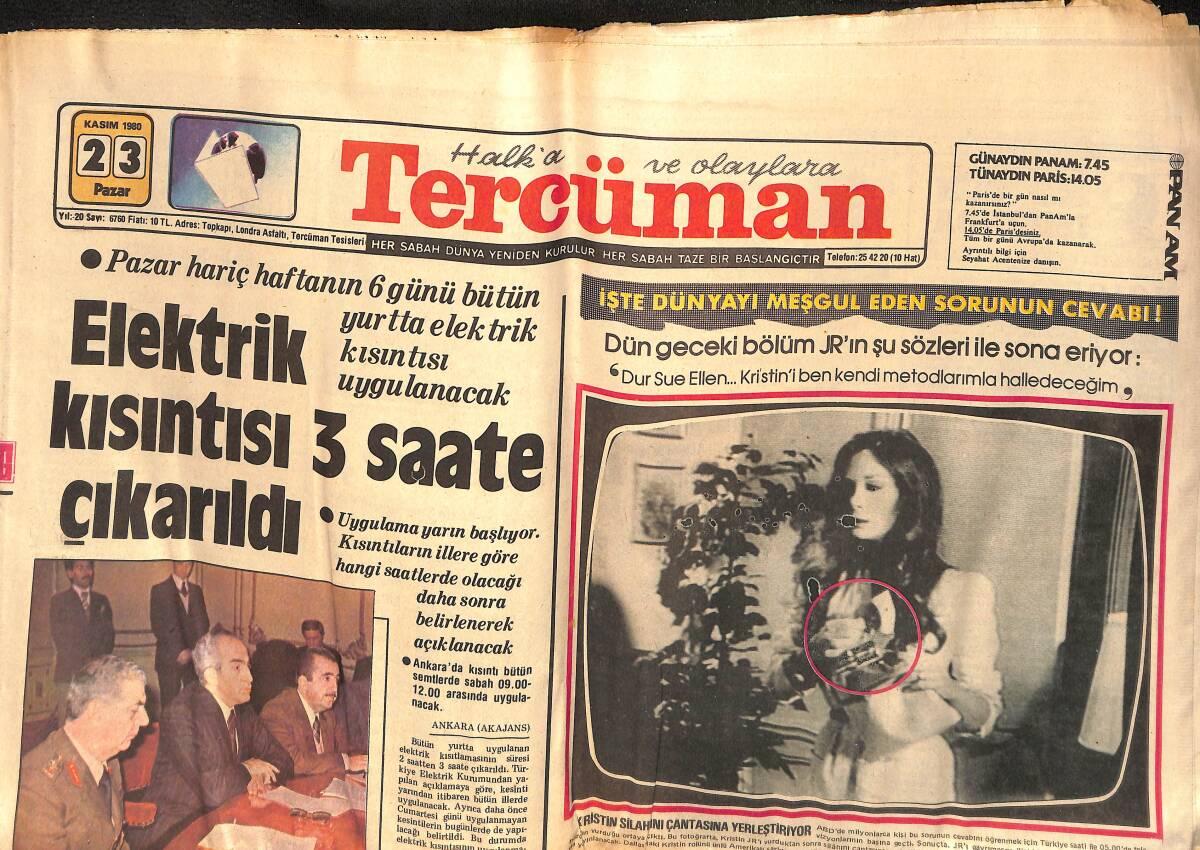 Tercüman Gazetesi 23 Kasım 1980 - Elektrik Kısıntısı 3 Saate Çıkarıldı - Zerrin Özer - Füsun Önal GZ133189 - 1