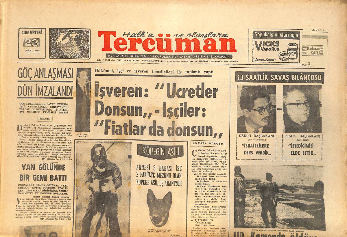 Tercüman Gazetesi 23 Mart 1968 - Van Gölünde Bir Gemi Battı - Galatasaraylı Metin 33 Gün Ceza Aldı GZ146417 - 1