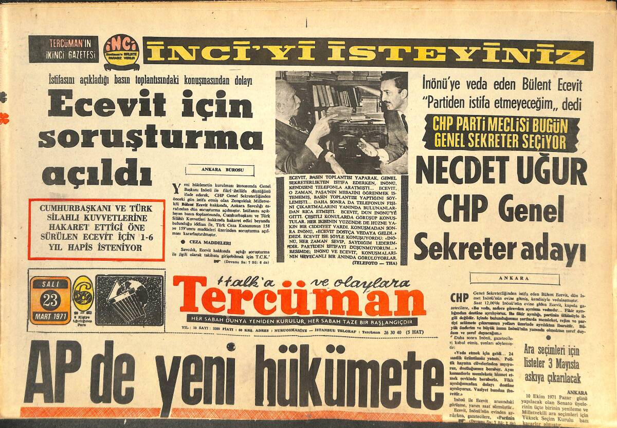 Tercüman Gazetesi 23 Mart 1971 - Ecevit İçin Soruşturma Açıldı - ODTÜ'ne Öğretim Üyeleri İle İdari Kadro Dışında Kimse Sokulmuyor GZ144597 - 1