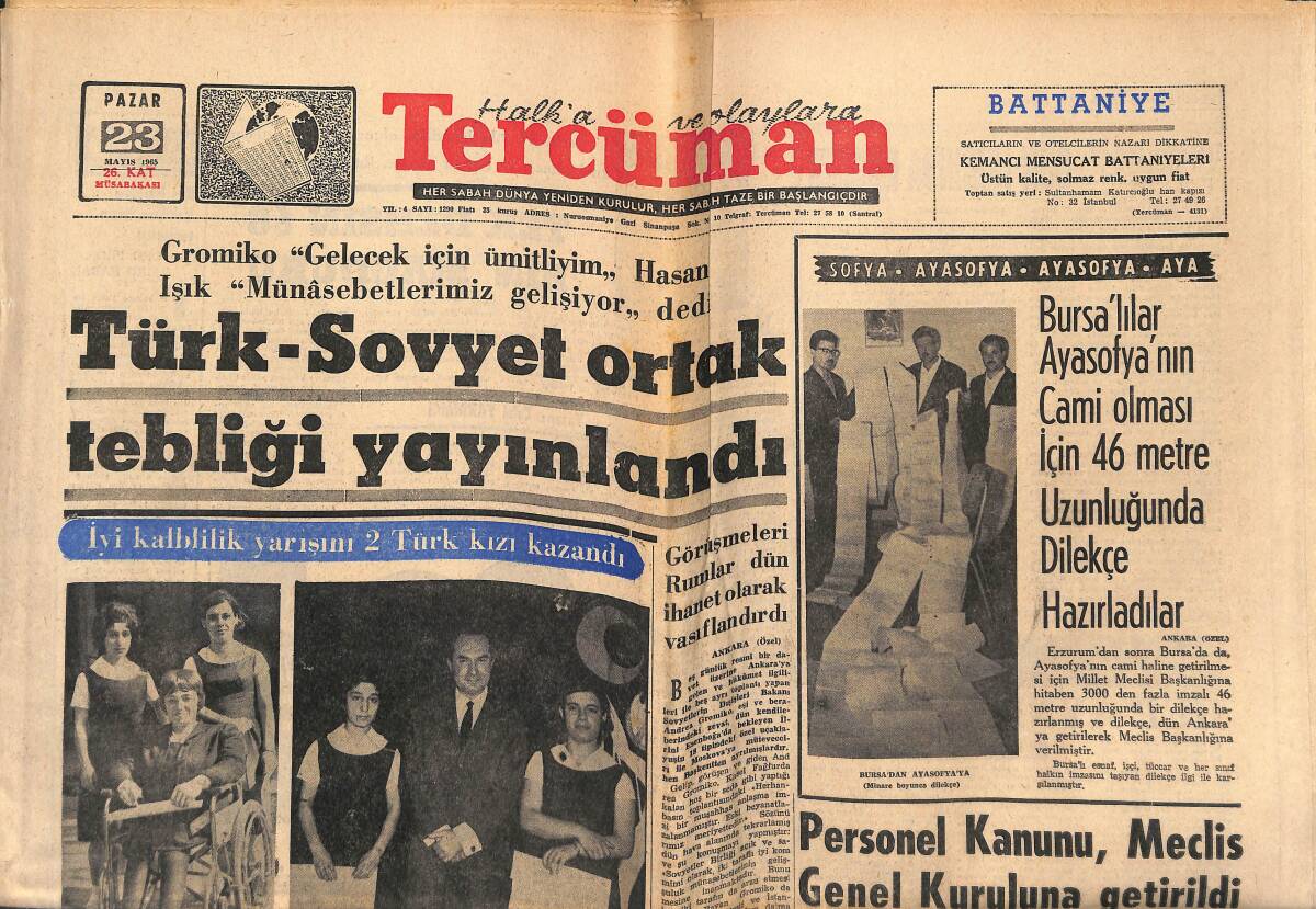 Tercüman Gazetesi 23 Mayıs 1965 - Türk - Sovyet Ortak Tebliği Yayınlandı - A. Ordu'nun Son Ümidi Beşiktaş Maçına Kaldı! GZ140586 - 1