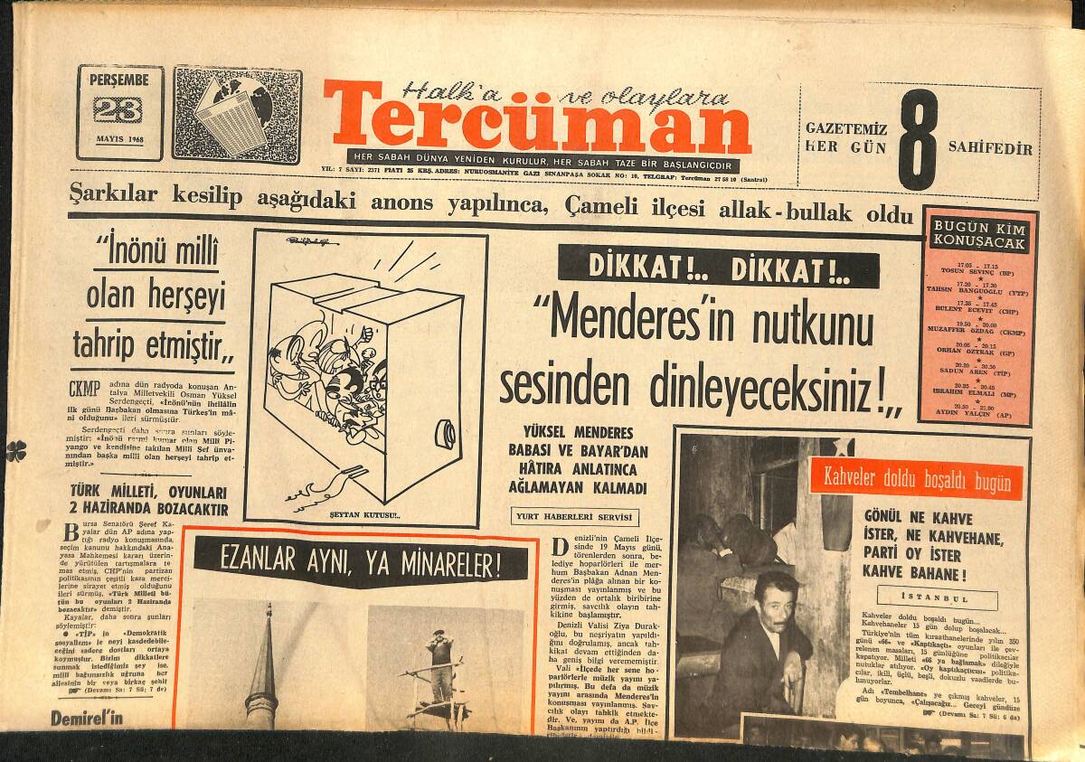 Tercüman Gazetesi 23 Mayıs 1968 - Yüksel Menderes'in Nutkunu Sesinden Dinleyeceksiniz! - Öğrenciler Dün İlahiyat Fakültesini İşgal Ettiler! GZ145698 - 1