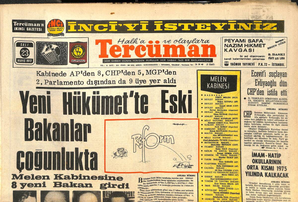 Tercüman Gazetesi 23 Mayıs 1972 - Yeni Hükümet'te Eski Bakanlar Çoğunlukta - Beş Boksörümüz Afrika'ya Karşı Balkan Karmasında Dövüşecek! GZ144452 - 1