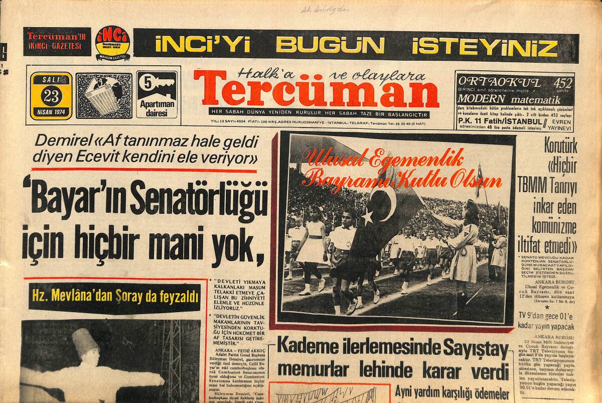 Tercüman Gazetesi 23 Nisan 1974 - Didi : '' Fenerbahçe Lig Finalini Beşiktaş'la Oynayacak '' - Bayar'ın Senatörlüğü İçin Hiçbir Mani Yok GZ141125 - 1