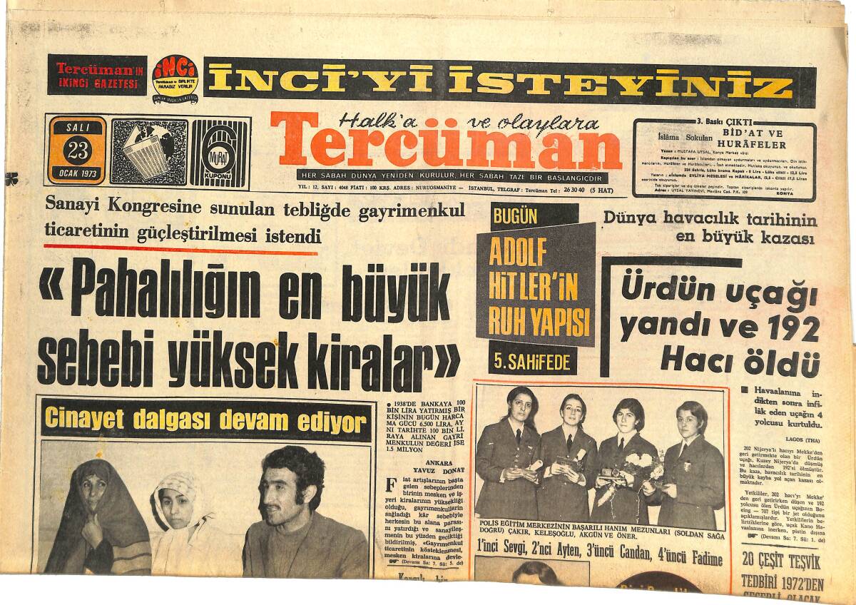 Tercüman Gazetesi 23 Ocak 1973 - Ürdün Uçağı Yandı Ve 192 Hacı Öldü - Hasan Bora Nişanlandı - Ringin Kralı Seçiliyor! GZ144683 - 1