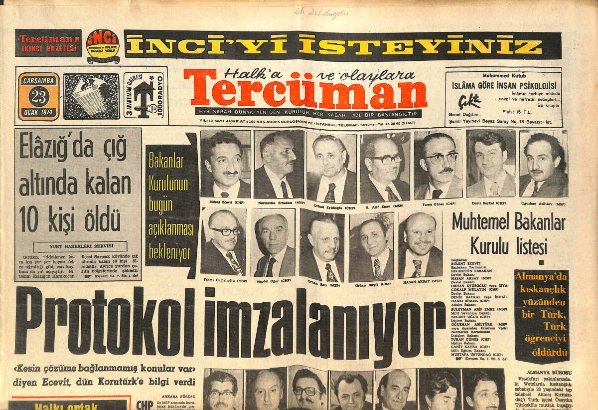 Tercüman Gazetesi 23 Ocak 1974 - Silâh Kaçakçısı M.Kapanoğlu Yakalandı - Protokol İmzalanıyor GZ144502 - 1