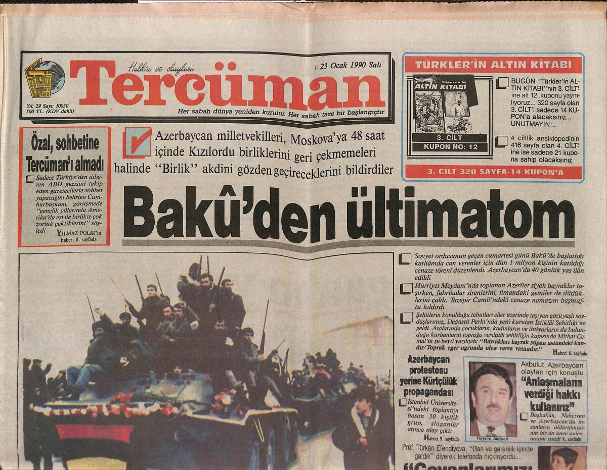 Tercüman Gazetesi 23 Ocak 1990 - Borsada Panik Önlendi - Bakü'den Ültimatom GZ149497 - 1