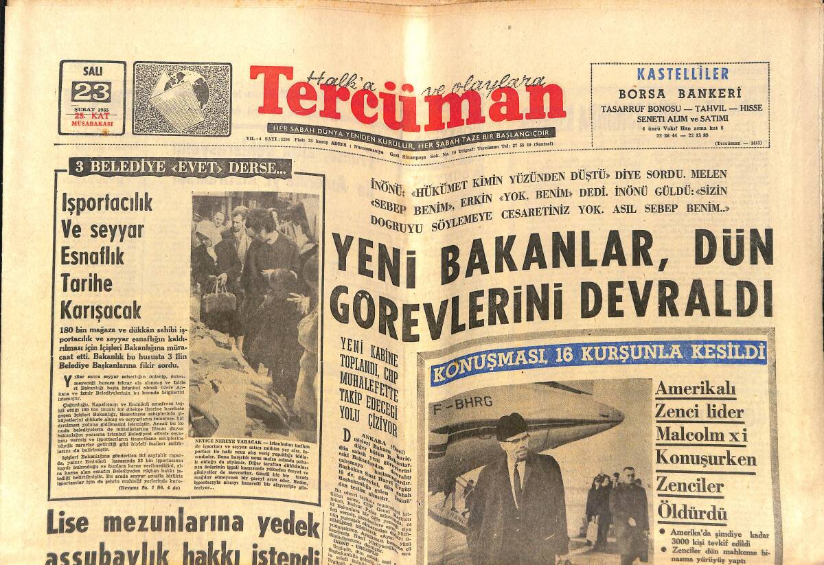 Tercüman Gazetesi 23 Şubat 1965 - Amerikalı Zenci Lider Malcolm X'i Konuşurken Zenciler Öldürdü - Diana Dors Sarhoş Olarak Uçakla Dün İstanbul'a İndi GZ140430 - 1