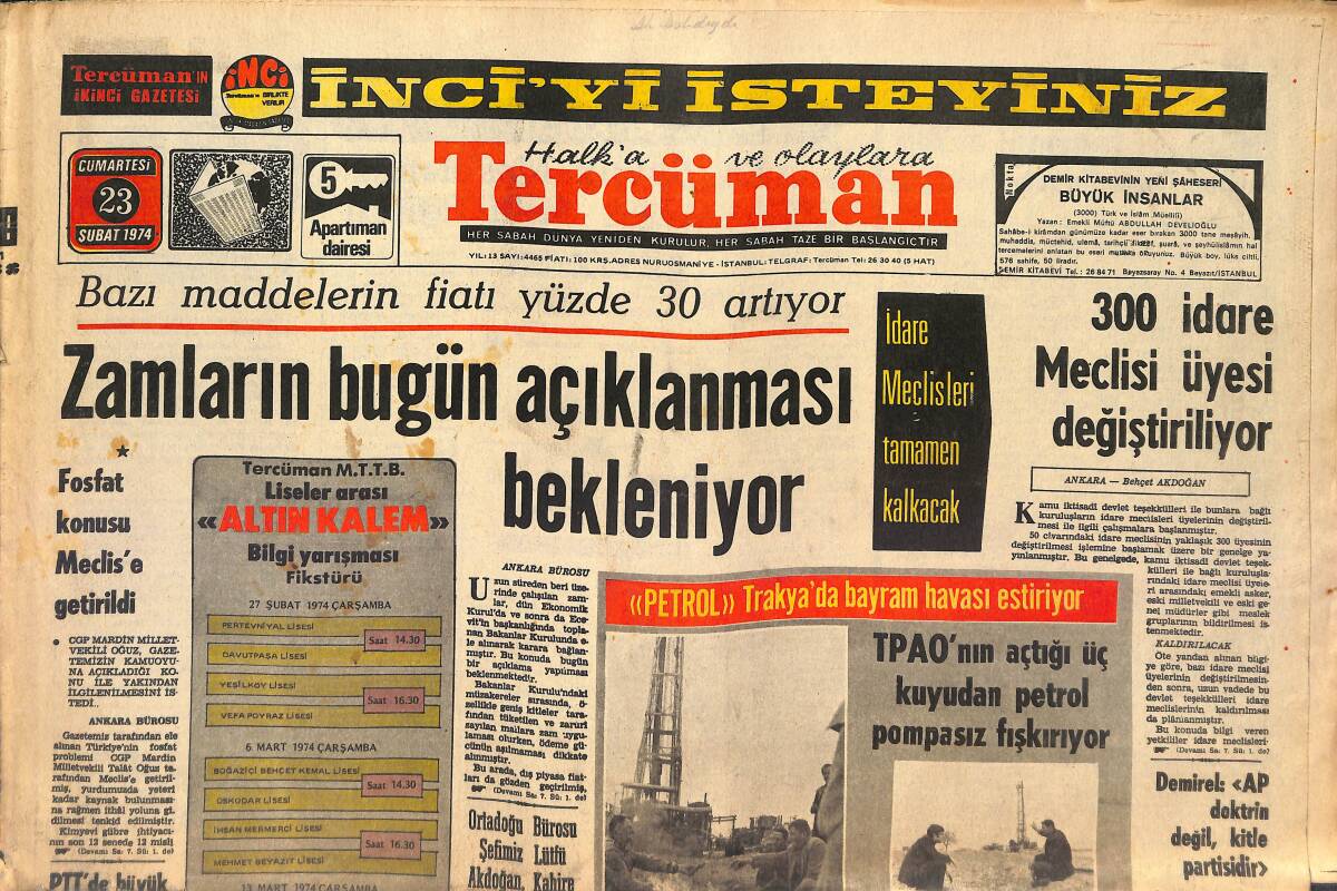Tercüman Gazetesi 23 Şubat 1974 - 300 İdare Meclisi Üyesi Değiştiriliyor - Didi, Cemil'e Özel İdman Yaptırdı! GZ146123 - 1