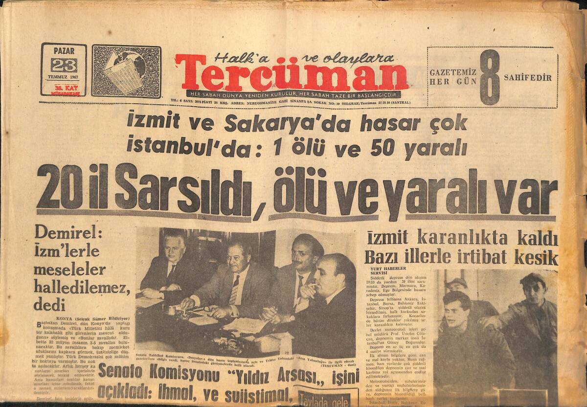 Tercüman Gazetesi 23 Temmuz 1967 - Pepsi Cola Ve Fruko Satışı Devam Ediyor - 20 İl Sarsıldı , Ölü Ve Yaralı Var GZ145555 - 1