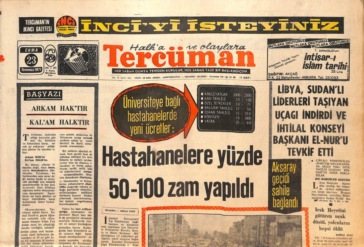 Tercüman Gazetesi 23 Temmuz 1971 - Aksaray Geçidi Sahile Bağlandı - Hastahanelere Yüzde 50-100 Zam Yapıldı GZ141546 - 1