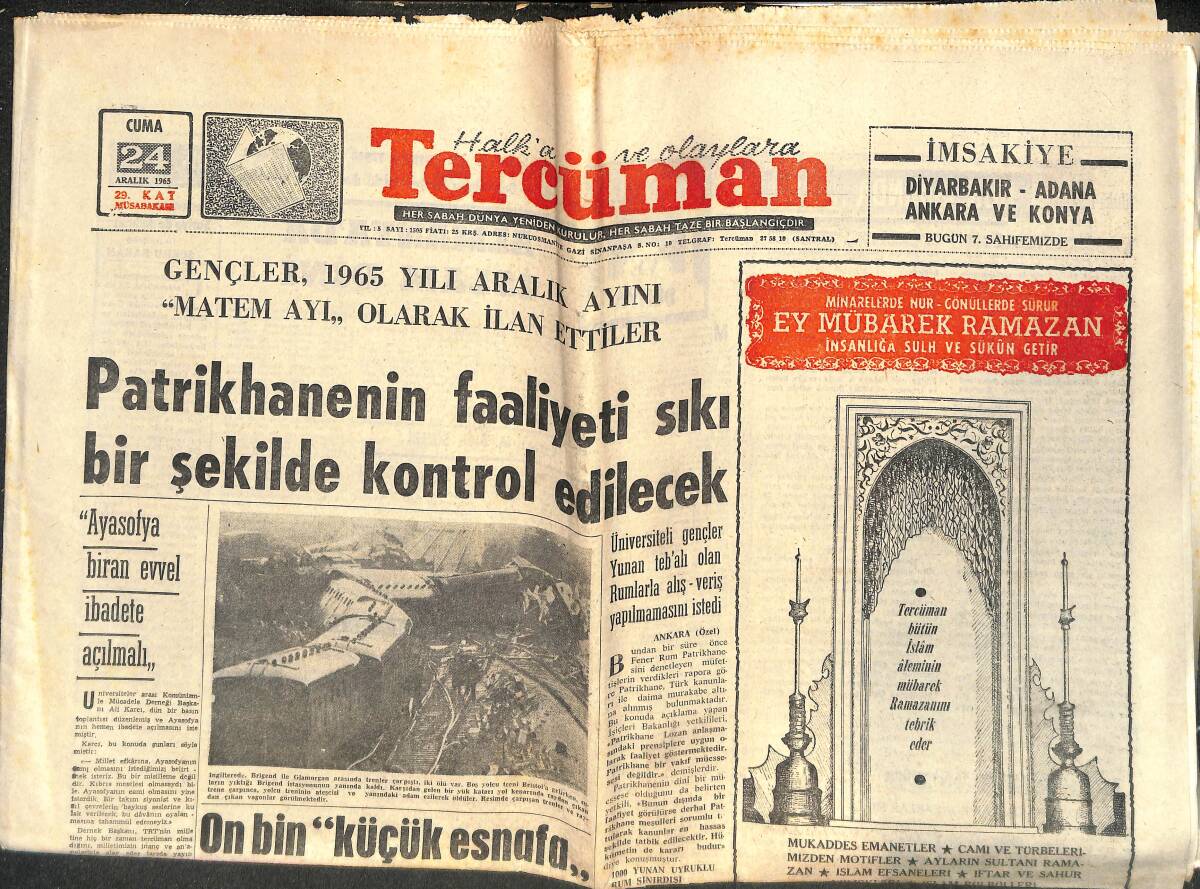 Tercüman Gazetesi 24 Aralık 1965 - Patrikhanenin Faaliyeti Sıkı Bir Şekilde Kontrol Edilecek - Galatasaray Ve Beşiktaş da İddialı GZ143405 - 1