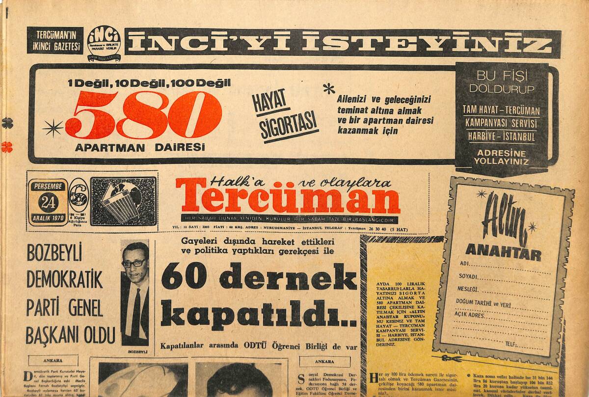 Tercüman Gazetesi 24 Aralık 1970 - Bozbeyli Demokratik Parti Genel Başkanı Oldu - 60 Dernek Kapatıldı GZ145375 - 1