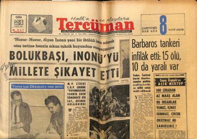Tercüman Gazetesi 24 Eylül 1965 - Bölükbaşı İnönüyü Millete Şikayet Etti GZ70853 - 2