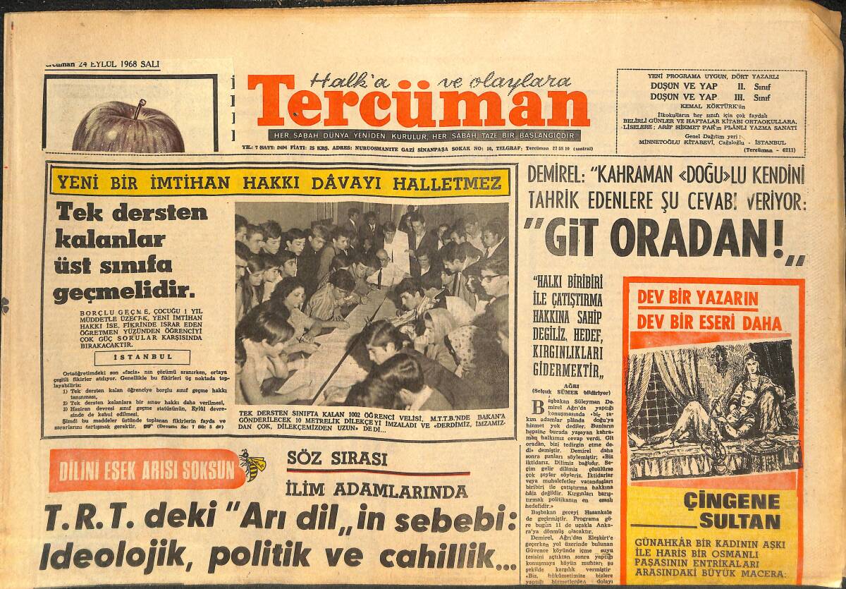 Tercüman Gazetesi 24 Eylül 1968 - Kaçarken Kestikleri Atların Başlarını Caddeye Attılar - Adana Demirspor'lular Ocak'a Çattılar GZ141744 - 1