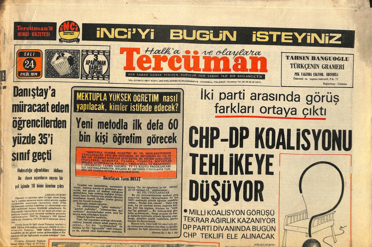 Tercüman Gazetesi 24 Eylül 1974 - CHP-DP Koalisyonu Tehlikeye Düşüyor - Rum Eserler Mübadele Edilmekten Memnun Değil GZ141505 - 1