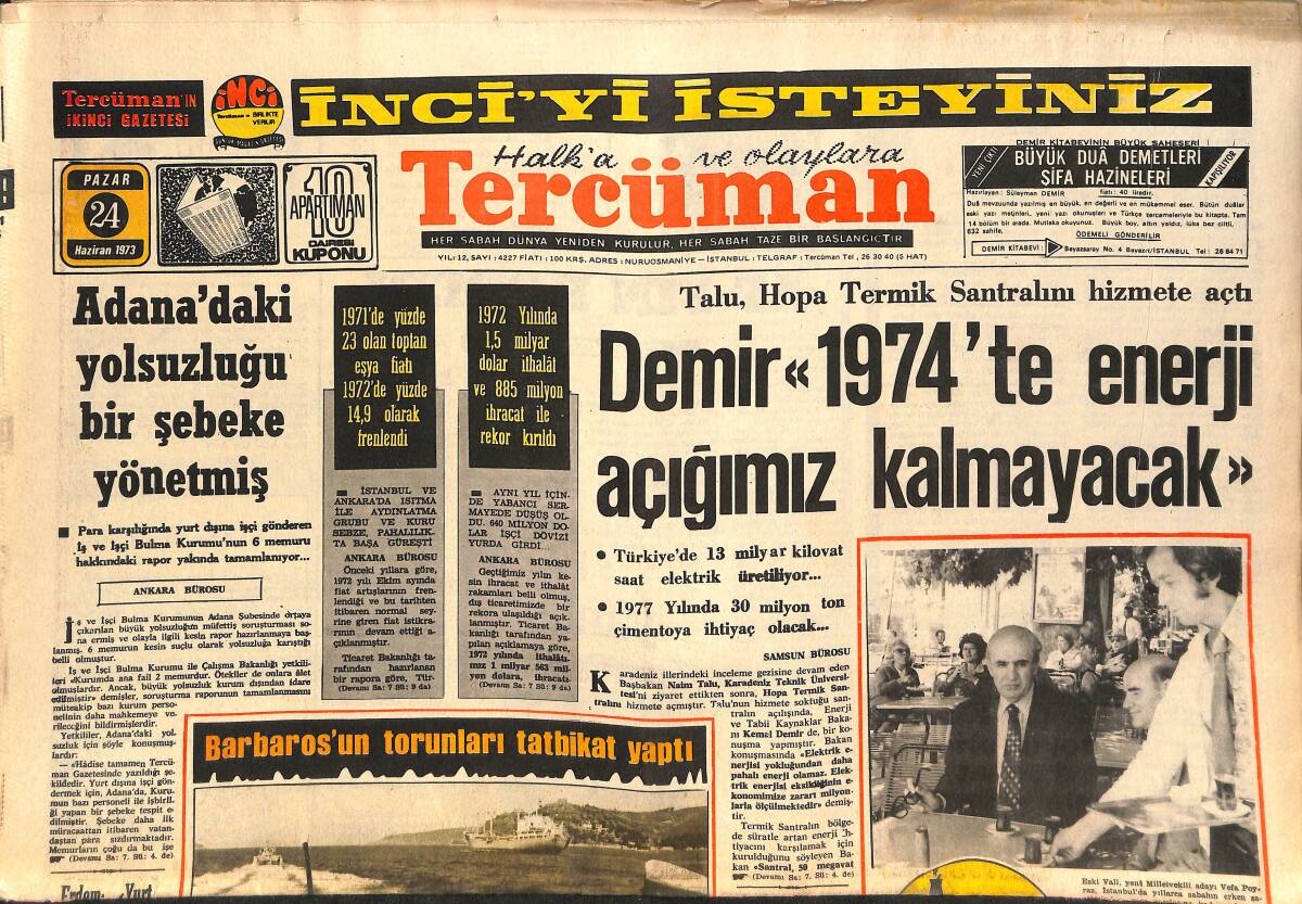 Tercüman Gazetesi 24 Haziran 1973 - Kurtuluş Lisesi Türkiye 2.si Oldu Ama Bütün Öğrenciler Sınıfta Kaldı - Barbaros'un Torunları Tatbikat Yaptı GZ141190 - 1