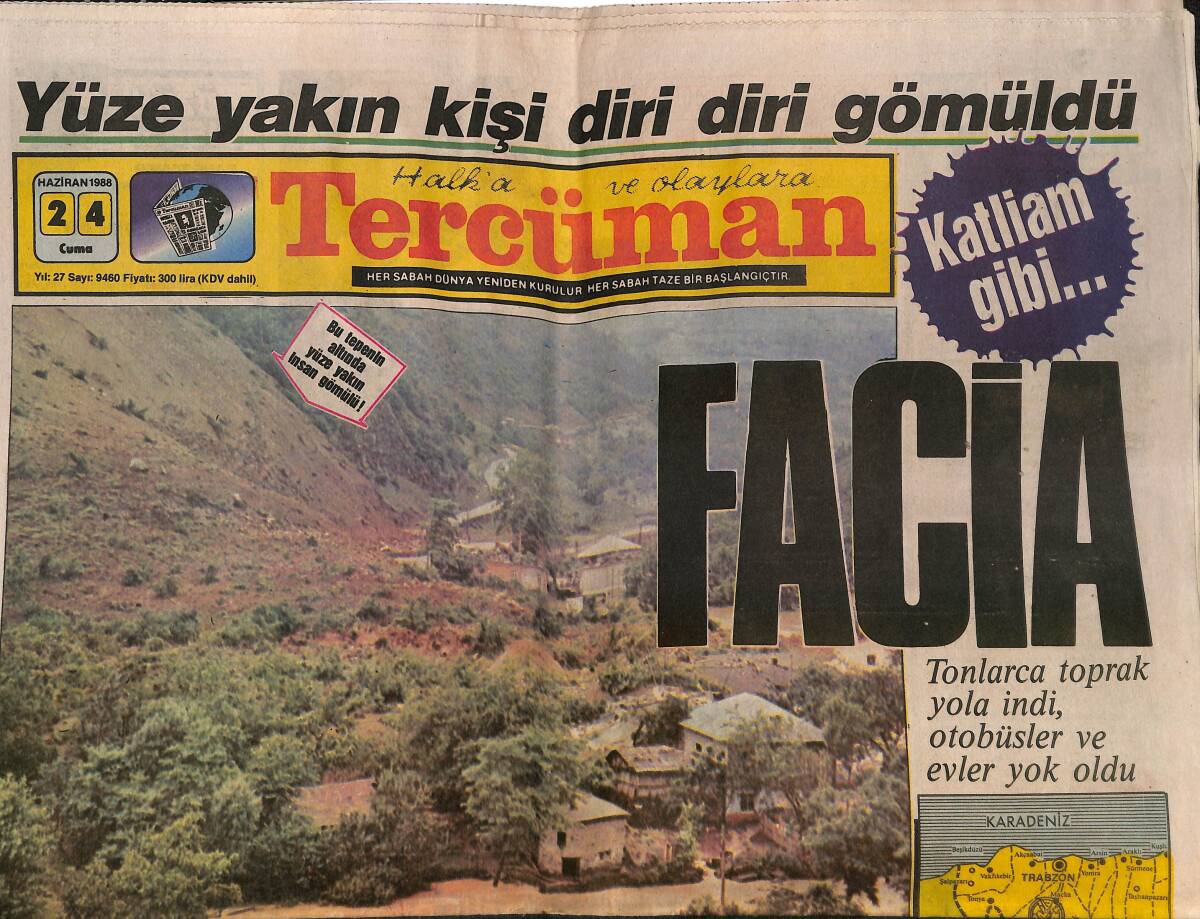 Tercüman Gazetesi 24 Haziran 1988 - Çatak Köyü'nde Tonlarca Toprak Yola İndi , Otobüsler Ve Evler Yok Oldu GZ150319 - 1
